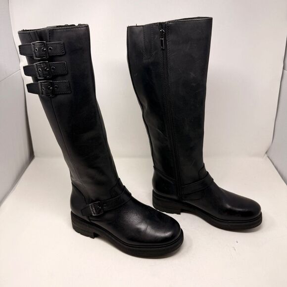Lucky Brand Citere Black Buckle Leather Tall Biker Moto Boots Size 7 - Picture 1 of 8